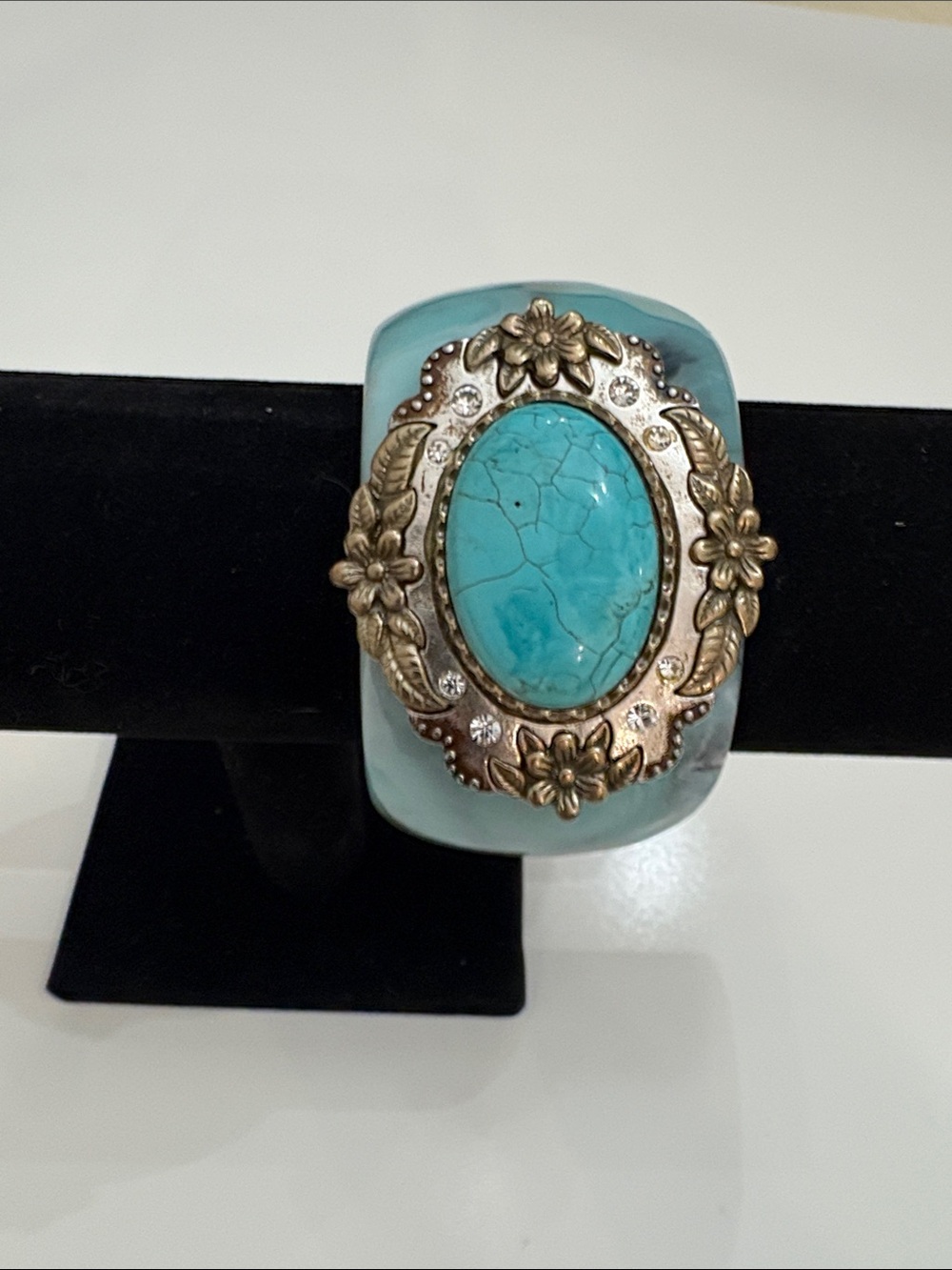 Statement Translucent Light Blue Acrylic Cuff Bracelet w/ Natural Turquoise